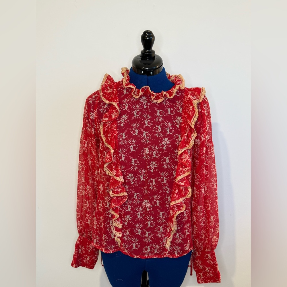 Topshop Red Floral Romantic Ruffle Blouse